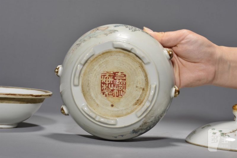 清光绪 金品卿浅绛彩「竹溪高士图」暖锅 - 图7